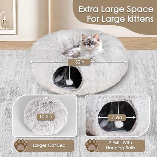 Peekaboo Cat Cave with Washable Mat, Collapsible Cat Play Tunnel for Kittens & Small Pets, Plush Cat Donut Bed Tunnel, Brown