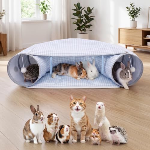Bunny Tunnel Bed, 2-in-1 Collapsible Rabbit Guinea Pig Hideout, Blue