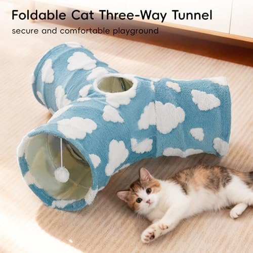 Tempcore Cat Tunnel, 3-Way Collapsible Toy for Indoor Cats, Blue Cloud