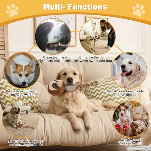 10.24 Inch Sloth Squeaky Dog Toy with Tennis Ball & Rope, Plush Chew Toy for Puppy Teething, Interactive Tug of War Toy for Small Medium Large Dogs