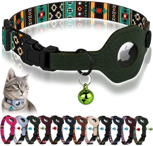 Breakaway Cat Collar with Leather AirTag Holder & Bell - Apple Air Tag Cat Collars for Girls & Boys, Lightweight Anti-Lost GPS Tracker Design, Printed Pattern - Safety and Adjustable (Tribal)