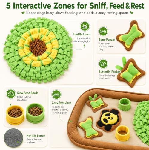 2IN1 Dog Bed Mat&Snuffle Mat for Dogs Large Breed, 28.3''x28.3'' Interactive Puzzle Dog Food Mat, Easy to Clean, Durable, Mental Stimulation & Slow Feeding Game for All Breeds