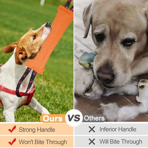 ToLanbbt Dog Tug Toy Bite Jute Pillow Pull Toy with 2 Strong Handles Perfect for Tug of War, Puppy Interactive Play, Tear Resistant Bite Training for Small Medium Large Dogs (Bright Orange-Footprint)
