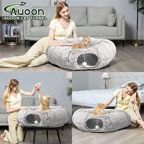 AUOON Plush Cat Tunnel Bed for Indoor Cats, 36" L x 36" W x 11.5" H, Khaki