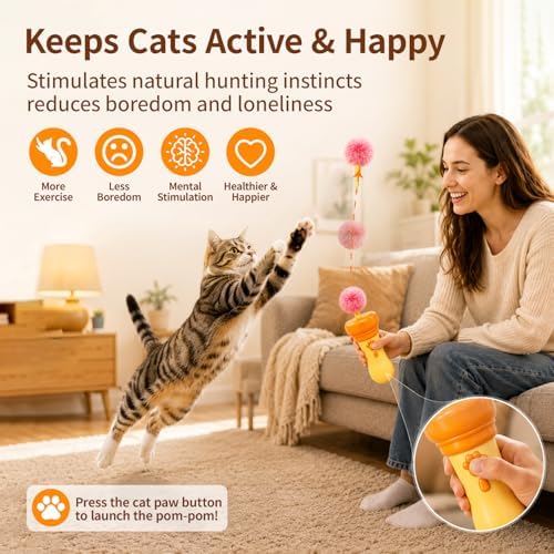 Kzoom Automatic Cat Teaser Launcher, Cat Balls Fetch Toy with Retractable Rope and Fuzzy Ball, Interactive Cat Toys for Indoor Cats, Enrichment Toy(Without Battery)
