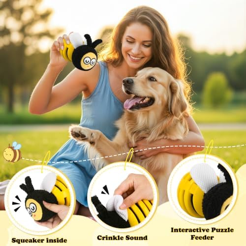 4 Pack Dog Squeaky Toys, Bee Interactive Toys Set, Natural Rope Tug Toy, Crinkle Flying Disc, Tennis Ball ，Puzzle Feeder, Safe Durable Dog Toys for Small Medium Dogs Indoor Outdoor Play