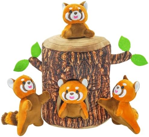 Hide and Seek Dog Toys Squeaky Red Panda Plush Toy with Crinkle Trunk, Interactive Dog Toy to Keep Them Busy Pet Chew Toys for Small & Medium Dogs (Tree Trunk Hideout with 4 Red Panda)