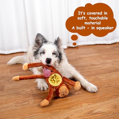 Hollypet Squeaky Plush Stuffed Dog Puzzle Toy with Slow Feeder Bowl, Interactive Chew Toy for Small and Medium Dogs, Tug of War Dog Toys, Monkey