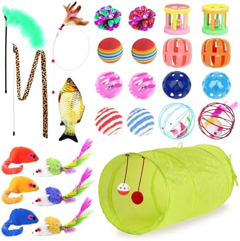SunGrow Cat Tunnel and Assorted Activity Variety Pack, Interactive Kitten Accessories, for Indoors, Teaser Wand, Crinkle Balls, Bell Set, etc. (Assorted Toys, 30 Pieces)