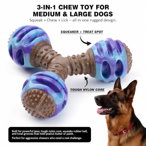 MECOOL Durable Dog Chew Toys for Medium Dogs - Squeaky Rubber Balls with Nylon Reinforcement, Interactive Lick & Chew Toy for Aggressive Chewers, Pet Teething Toy Blue,Bacon Flavored