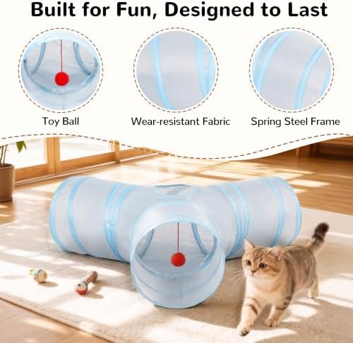 Tempcore Cat Tunnel, 3-Way Collapsible Toy for Indoor Cats, Grey & Blue
