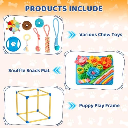 Puppy Play Gym with Snuffle Mat & 8 Toys (Yellow,19.6″ x 19.6″ x 19.6″‌)
