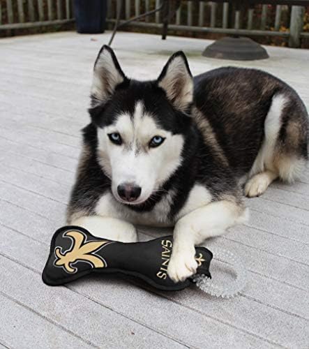 Pets First NFL New Orleans Saints Dental Dog TUG Toy with Squeaker. Tough PET Toy for Healthy Fun, Teething & Cleaning Pet's Teeth & Gum.