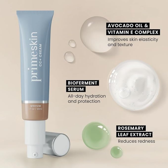 Prime Prometics PrimeSkin CC+ Cream for Mature Women – Lightweight Liquid-to-Powder Foundation – Blurs Pores & Covers Age Spots – Crease-Free, Hydrating & Soft-Matte Finish for Sensitive Skin (Rich)