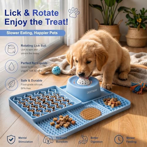 Dog Lick Mat & Slow Feeder Bowl Combo, Enrichment Toy with Puzzle Dome, 4-Texture Silicone Licking Mat for Anxiety Relief, Slow Feeding, Boredom Buster with Cleaning Brush & Silicone Spatula (Blue)