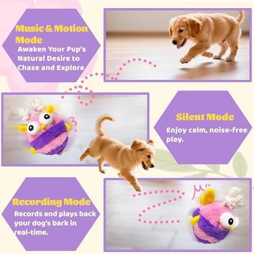 GUKCO Moving Dog Toys, Rechargeable Interactive Plush Toy with Motion Ball | Music, Recording & Silent Modes, Self-Play Toy for Small, Medium & Large Dogs to Keep Them Entertained(Bee)