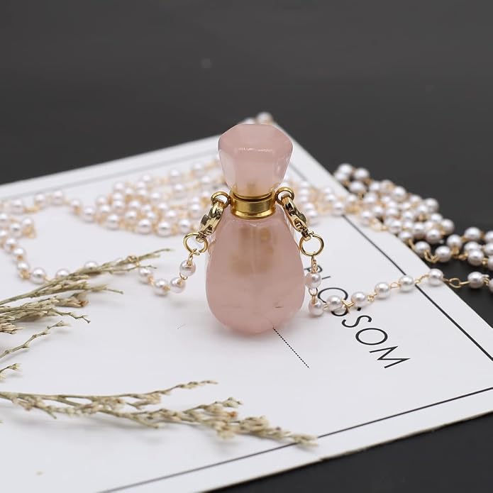 1pcs Natural Rose Quartz Stone Perfume Bottle Pendant Pearl Bead Chain Rectangle Heart Necklace for Women Jewelry Free Accessory Glasses