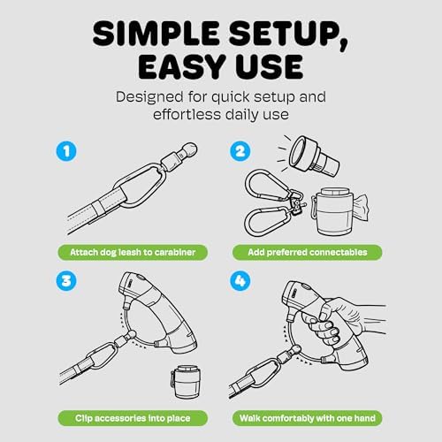 Dog Gone Smart I’m Gismo Handle with Poop Bag Dispenser - Ergonomic One-Hand Leash Holder with Silicone Grip - Smooth Rail System for Controlled Walks - Supports Dogs Up to 85 lbs - Lime Green
