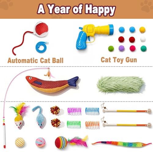 31 Pcs Interactive Cat Toys for Indoor Cats, Cat Tunnel with Moving Ball, Cat Toy Launcher, Catnip Toys, Chew Rope, Feather Wand, Springs and Balls for Indoor Kittens, Grey