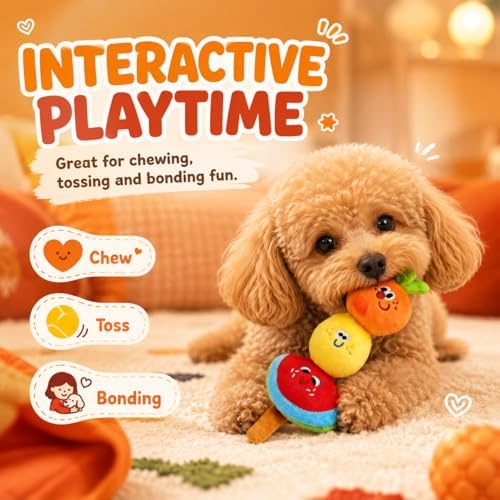 Plush Fruit Dog Toys Cute, Crinkle & Squeaky Dual-Sounded Chewer Toy, Interactive Puppy Chew Toy for Small, Medium Dogs