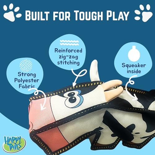 Happy Tails Square Cow Dog Toy - Medium to Large Dogs, Durable Polyester, Squeaky Sound, Reinforced Stitching, Fun & Interactive Pet Playtime
