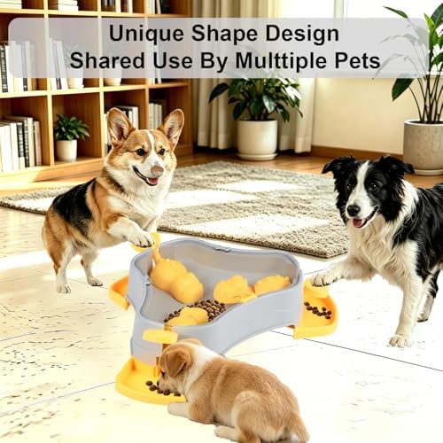 Dog Cat Treat Dispenser Slow Feeder Toy, 3-in-1 Interactive Dog Puzzle Press Toys, Dog Enrichment Toy No-Slip Interactive Brain Training Toys for Smart Dog Cats (Grey/Yellow)