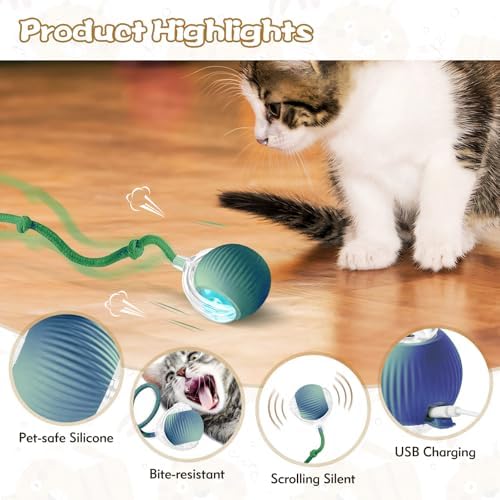 Interactive Cat Ball Toys for Indoor Cats, Upgraded Automatic Cat Toys for Bored Indoor Adult Kitty, Peppy Pet Ball for Cats, 360°Smart Rolling Kitty Balls Toy (Blue)
