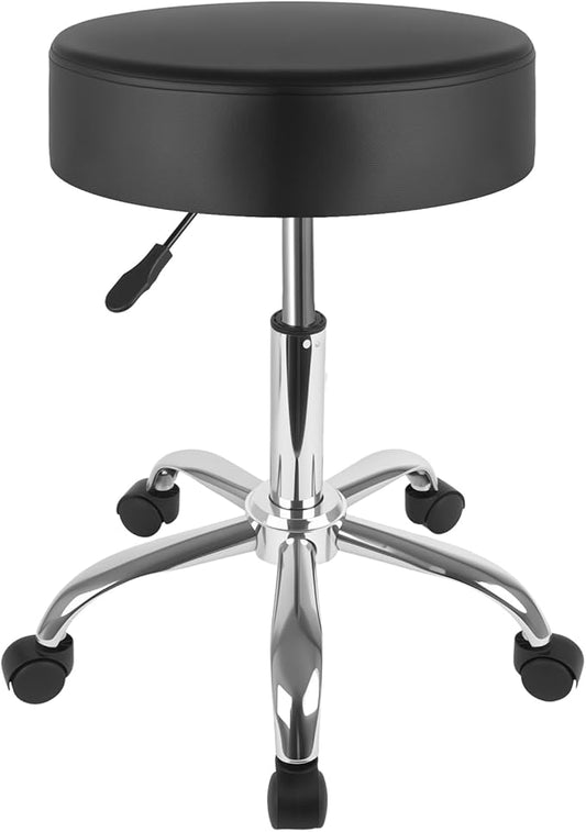 Silver Rolling Stool with Wheels, 360° Swivel Adjustable Height Stool, 400LB Capacity PU Leather - for Salon, Tattoo, Office, Medical, Home & Spa