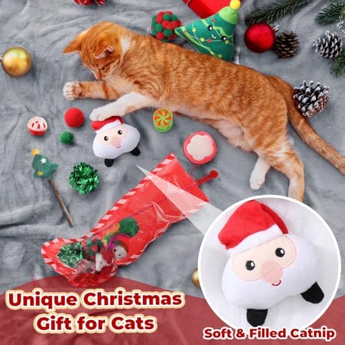 Shappy 5 Sets 55 Pcs Christmas Cat Stocking Toys with Cat Sticks Shaped Santa, Xmas Tree, Yarn Balls, Toy Mouse, Xmas Stocking Pet Set, Interactive Pet Gifts