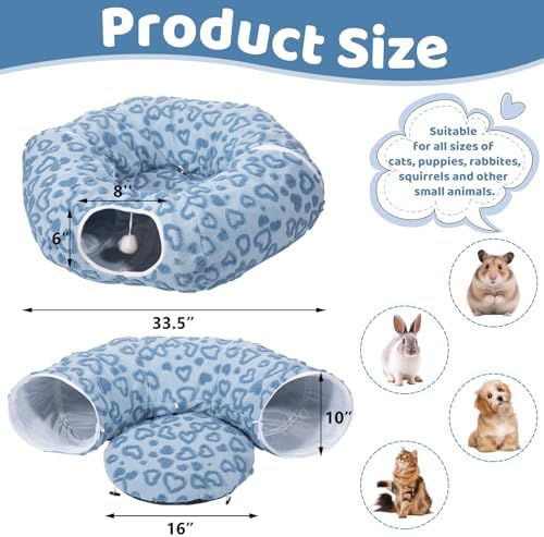 Cat Tunnel Bed, Cute Cat Tunnel Toy with Washable Cushion, Fits Indoor Cats up to 25 lbs, Cute Peekaboo Cave Pet Bed for Kittens, Rabbits, Blue Heart