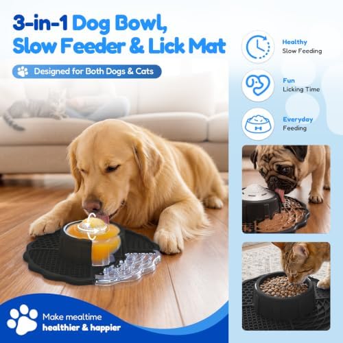 Slow Feeder Dog Bowl with Lick Mat & Rolling Lick Ball for Enrichment,Black
