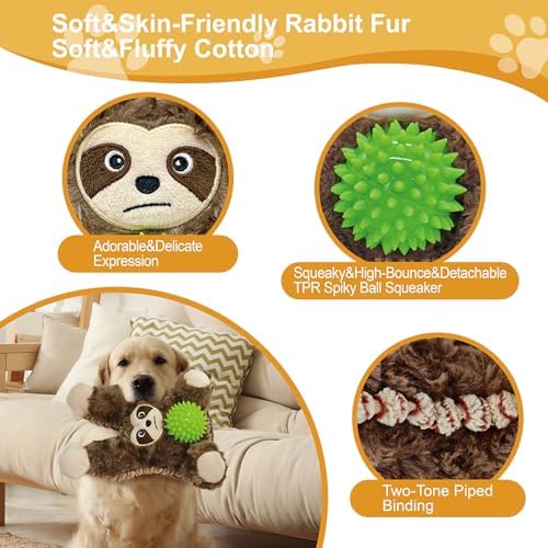 8.66 Inch Grey Brown Sloth Spiky Squeaky Dog Toy, Durable Plush Chew Toy for Puppy Teething, Interactive Tough Toy for Small Medium Large Dogs
