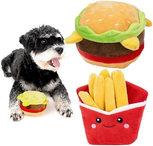 Plush Dog Toy Food Shaped Stuffed Pet Toys Puppy with Squeaker Crinkle Funny Cute Interactive Gift Relieve Anxiety Aggressive Play [2pcs] Hamburger & Chips