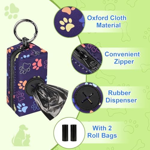 2pack Dog Poop Bag Holder with 2 Roll Bags Lightweight Zipper Dog Poop Bag Holders for Leashes Reusable Small Puppy Pet Waste Bags Dispenser Pouch with Clip Paw Pink/Purple