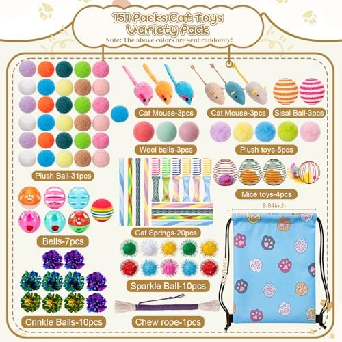 Leitee 100 Pcs Cat Toys Variety Pack with 1 Gift Storage Bag, Interactive Cat Play Assortment Set for Indoor Kitten, Colorful Springs, Mouse Toys, Chew Ropes, Balls, Bells & Sisal Ball(Ball Toy)