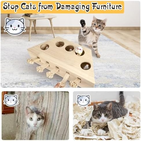 kathson Whack A Mole Cat Toy, Interactive Cat Toy Wood Kitten Puzzle Enrichment Box Catch Mice Game for Indoor Cat Exercise Relieve Boredom