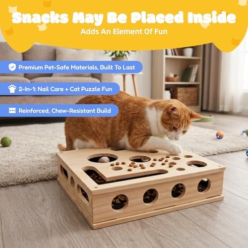 Cat Nail File Box, Solid Wood Cat Scratch Puzzle Enrichment Toy with Built-in Grooming Paper, Interactive Hideaway for Indoor Cats with 3 Bell Balls and Feather Cat Toy (Color: Natural Wood)