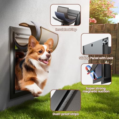 3-Flap Insulated Aluminum Medium Dog Door for Wall | Pets Up to 45 lbs, Heavy-Duty Telescoping Tunnel, Magnetic Design, Dustproof & Rustproof, Dual Security Locks & Closing Panel