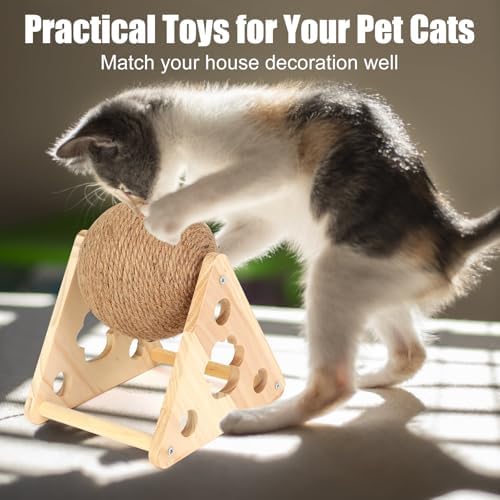 Sisal Cat Scratching Ball, Cat Scratcher Ball Toy with Cute Stable Stand, Interactive Exercise Toy for Small Pet to Play and Exercise