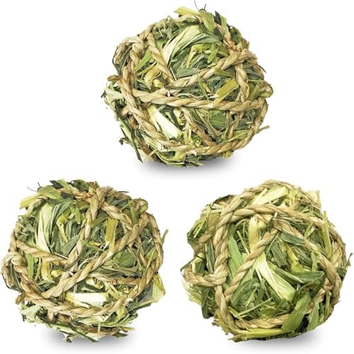 SunGrow Assorted Rabbit & Cat Chew Balls, Teething Activity Toy for Pocket Pets, Improves Dental Health, Environment Friendly, Stress Reliever (Barley Grass Ball, 3 Pcs)