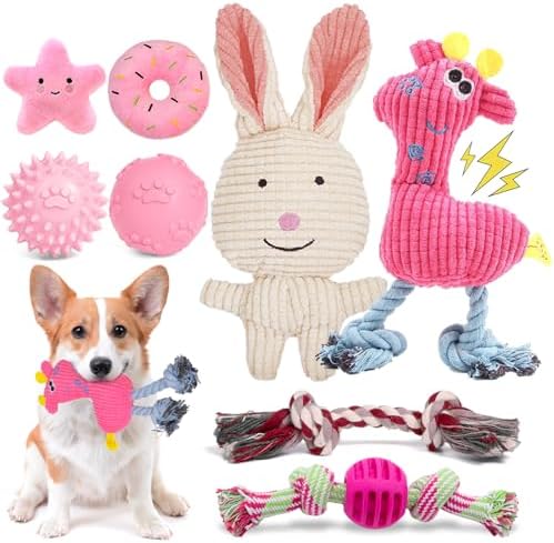 8 Pack Luxury Puppy Toys for Teething Small Dogs, Puppy Chew Toys with Squeaky Dog Toys, Balls and Rope Dog Chew Toys, Dog Toys to Keep Them Busy (Pink, 8-Pack)