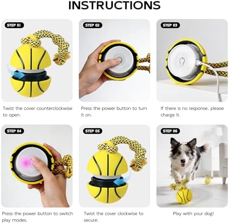 Pet Prime Interactive Dog Ball Toy with Rope,Rechargeable Automatic Rolling Ball with Motion Activated,3 Play Modes for Medium/Large Dogs, Self-Moving Toy to Keep Pets Busy and Entertained Yellow