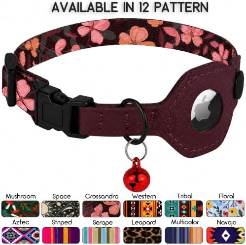 Breakaway Cat Collar with Leather AirTag Holder & Bell - Apple Air Tag Cat Collars for Girls & Boys, Lightweight Anti-Lost GPS Tracker Design, Printed Pattern - Safety and Adjustable (Crossandra)