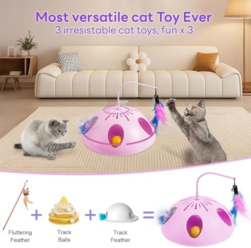 Cat Toys, Interactive Cat Toy for Indoor Cats, Automatic Interactive Kitten Toy, Fluttering Feather, Track Balls, Rotating Track Feather Enrichment Kitty Toys for Multi-cat Family (Purple)