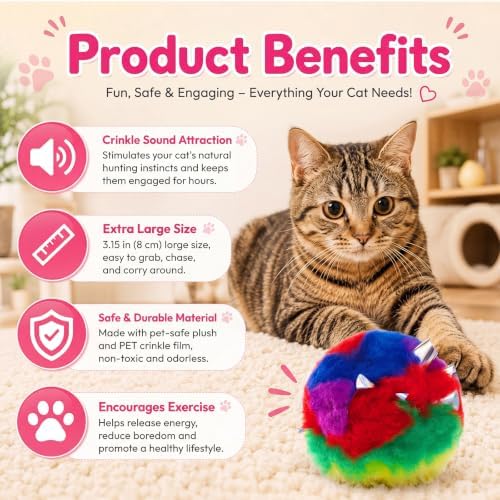 Deekin 20 Pcs Cat Crinkle Toys 3.15 Inch Large Pom Pom Balls for Cats