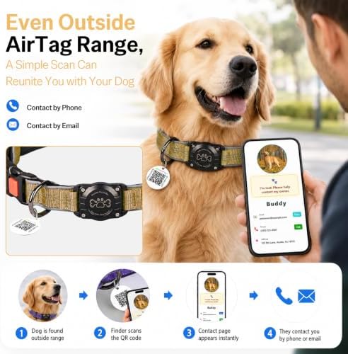 Geamen Dog Collar for Airtag Waterproof QR Code Reflective Collar(Khaki,M) | Built-in Waterproof Holder, QR Code Tag, Reflective,Secure Buckle