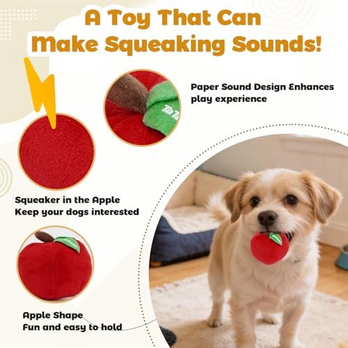 Apple Plush Chew Toy for Small Dogs & Puppies: Interactive Squeaker and Crinkle Sound, Teething Puppy Toy - Durable for Aggressive Chewers, Keeps Busy