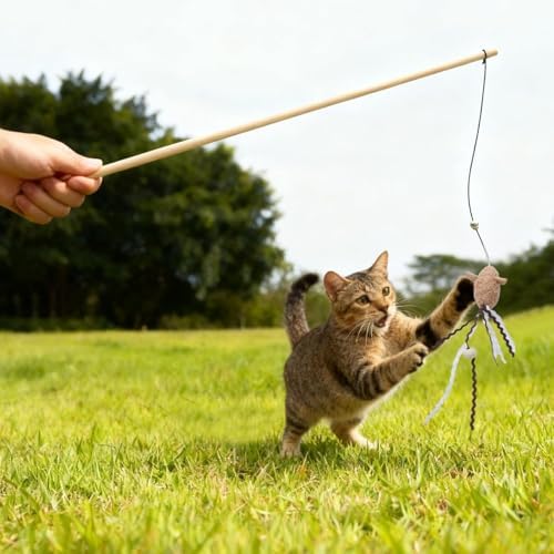 2-Pack Cat Toy Wand Set: Interactive Cat Teaser Wands with Bells and Streamers to Engage Your Cat’s Natural Instincts (Lion and Mouse)