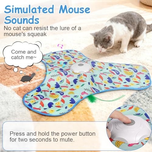 Interactive Cat Toys for Indoor Cats, Automatic Hide and Seek Cat Toy, Moving Concealed Feathers, Mouse Squeaky, Rechargeable Touch Activated Exercise Toys for Kitten Bored Adult Cats, 3 Modes