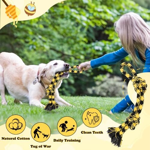 4 Pack Dog Squeaky Toys, Bee Interactive Toys Set, Natural Rope Tug Toy, Crinkle Flying Disc, Tennis Ball ，Puzzle Feeder, Safe Durable Dog Toys for Small Medium Dogs Indoor Outdoor Play